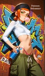 adult_female aged_up ai_generated baggy_pants ben_10 blowing_bubblegum bubble_gum cap casual confident crop_top exposed_torso fashion graffiti graffiti_on_wall green_eyes gwen_tennyson laying_on_side looking_at_viewer mature_female paid_reward_available patreon petite petite_body petite_female portrait posing red_hair sebassart sexy slim_waist solo street thong tight_clothing urban_fashion visible_thong
