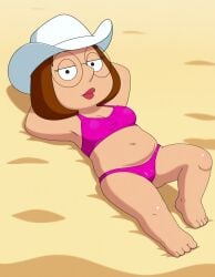 ai_generated beach brown_hair cowboy_hat family_guy glasses laying_down meg_griffin pink_bikini sand