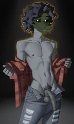 ai_generated alligator andrew_(fnaf) animal_mask cock curly_hair dick five_nights_at_freddy's flat_stomach ghost ghost_boy grey_skin penis pixai white_pupils