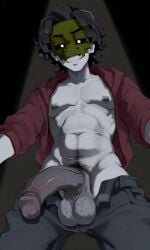 ai_generated alligator andrew_(fnaf) animal_mask bara cock curly_hair dick five_nights_at_freddy's ghost ghost_boy grey_skin only_male penis pixai white_pupils