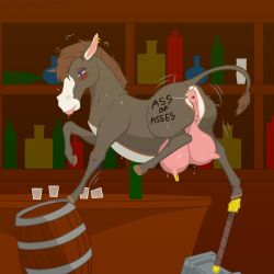 absurd_res animal_genitalia animal_vulva anus asinus balancing bar big_teats blue_eyes blush bodily_fluids body_writing bottle breasts bubble butt clitoral_winking clitoris colored container cup detailed_background donkey drinking_glass drunk drunk_bubble ear_piercing ear_ring equid equine equine_anus equine_genitalia equine_vulva female feral genitals glass glass_container glass_cup hammer hi_res huge_teats hyper hyper_teats jasmine_the_battle_donkey_(perpetuate303) mammal mane nipple_piercing nipples perpetuate303 piercing ring_piercing shaking_butt shot_glass solo spread_butt spreading substance_intoxication sweat sweaty_breasts sweaty_butt tail tape teats tools vulva warhammer weapon