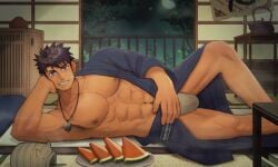 1boy abs armpits bandaid bandaid_on_face bare_breasts biceps big_areola blue_eyes breasts brown_hair collarbone eyebrow_scar flaccid futon gay genital_outline grin half-dressed hand_on_head happy_trail hi_res incense inviting japanese_room kayari_buta kettle kimono looking_at_viewer lying lying_on_bed lying_on_side male male_breasts male_only mature_male moobs muscles muscular muscular_arms muscular_legs muscular_male muscular_neck muscular_thighs navel necklace night one_leg_raised open_clothes original original_character pecs pubic_hair seductive short_hair six_pack solo summer tatami translucent_clothing watermelon white_underwear xuanlvclamp yaoi yukata