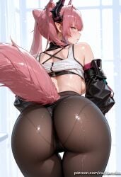1girl ai_generated arknights:_endfield ass ass_focus back backboob bangs bare_shoulders bent_over black_panties black_pantyhose blush breasts brown_pantyhose detached_sleeves female female_only from_behind horns kermixx large_breasts long_hair looking_at_viewer looking_back panties pantyhose pink_eyes pink_hair pointy_ears simple_background solo tail thigh_gap thong twintails underwear white_background yvonne_(arknights:_endfield)