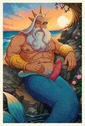 abs animal_genitalia aquatic areola beach beard biceps bodily_fluids digital_media_(artwork) disney dripping erection facial_hair fin fish genital_fluids genital_slit genitals guerillasquirrel hair half-closed_eyes hi_res humanoid humanoid_genitalia humanoid_penis king_triton_(disney) leaking_precum long_beard long_hair looking_at_viewer male mammal mature_humanoid mature_male merfolk muscular muscular_humanoid muscular_male narrowed_eyes nipples nude outside pecs penile_spines penis plant precum precum_drip sand sea seaside sitting sky solo split_form sunset tail the_little_mermaid_(1989) water white_hair