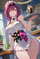 1girls 2026 ai_generated alternate_costume big_ass big_breasts big_thighs coffee coffee_shop day exposed_legs exposed_shoulders female female_focus female_only glasses holding_object honkai:_star_rail hoyoverse kafka_(honkai:_star_rail) long_hair looking_at_viewer lunealter maid maid_headdress maid_uniform mature_female mihoyo pale-skinned_female pale_skin partially_clothed purple_eyes purple_hair red_lipstick sfw smile standing thick_hips thick_legs thick_thighs uncensored