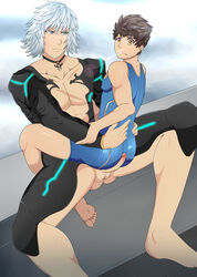 2boys abs ass blue_eyes bodysuit brown_hair clothes commission day erection fermrviper gay highres jewelry jin_(xenoblade) long_hair looking_at_viewer looking_back male_focus multiple_boys muscle necklace nintendo outdoors pecs penis rex_(xenoblade) scar serious sex short_hair silver_hair sitting sitting_on_lap sitting_on_person testicles uncensored white_hair wince xenoblade_(series) xenoblade_chronicles_2 yaoi yellow_eyes