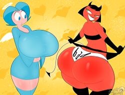 2026 2girls angel bad_girl_(ggbg) big_ass big_breasts big_butt black_hair blue_clothes blue_eyes blue_hair devil digital_media_(artwork) duo fat_ass female ggbg good_girl_(ggbg) good_girl_bad_girl green_eyes halo horns huge_ass huge_breasts huge_butt human leggings looking_at_butt looking_back masterj291 panties red_body simple_background skirt_lift white_female white_panties wings yellow_background