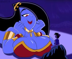 1001_nights 1boy 1girls aladdin alternate_color alternate_version_available arabian_clothes armband black_hair blue_skin breasts busty cave_of_wonders cleavage danny_fenton danny_phantom desiree disney drawsputin edit edited female genie ghost giantess gold hat huge_breasts human larger_female lips lipstick long_hair looking_at_another middle_eastern_clothing mini_giantess necklace one_thousand_and_one_nights parody red_clothing red_eyes rough_sketch short_hair smaller_male smile smiling turkish_clothing watermark