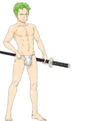 1boy bara bara_tiddies bara_tits barazoku boy cute cute_face cute_male earrings frown frowning fundoshi fundoshi_only gay green_hair hairless half_naked half_nude japanese_male male male_focus male_only manly masculine_male muscles muscular muscular_male one_eye_closed pirate reito_raichi roronoa_zoro scar scar_across_eye scar_on_face smaller_male solo solo_focus solo_male sword swordsman tough_guy trapezius underwear underwear_only yaoi young younger_male