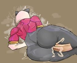 absurd_res ambiguous_penetration anthro armwear big_butt bodily_fluids brown_background butt chien_(nine_sols) clothing cum cum_inside disembodied_penis ejaculation elbow_gloves exposed_muscle felid feline female fur genital_fluids genitals gloves gloves_only grey_body grey_fur handwear handwear_only hi_res knightoftheoni1 lying male male/female mammal mostly_nude muscular muscular_female nine_sols nude on_side penetration penis rear_view red_candle_games simple_background solarian solo thick_thighs white_clothing white_gloves white_handwear wide_hips
