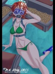 1girls barefoot bikini clothing coins dastigy feet female female_only fins flippers gold_coin gold_coins green_bikini green_bikini_bottom green_bikini_only green_bikini_top mp4 nami_(one_piece) one_piece orange_hair scuba scuba_fins scuba_gear scuba_mask scuba_tank short solo solo_female solo_only sound tagme treasure treasure_chest underwater video