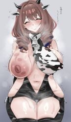 1girls areolae armwear azur_lane belly belly_button big_breasts bite_mark bite_mark_on_breast bite_marks black_gloves breasts brown_hair closed_eyes cow_print cowbell cowpens_(azur_lane) fake_animal_ears female female_only hair hips huge_breasts japanese_text mol833 mole mole_under_eye nipples one_breast_out revealing_clothes skimpy skimpy_clothes smile solo solo_female steam steamy steamy_breath sweat sweatdrop sweaty text thick_thighs thighs translation_request