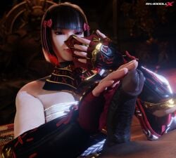 3d 3d_(artwork) 3d_model 3d_render bandai_namco big_penis black_penis bob_cut hd high_quality high_resolution highres interracial kazumi_mishima looking_at_penis penis_awe penis_shock penis_worship shaddoll_x smiling smug tekken tekken_7 touching_penis