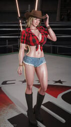 3d athletic athletic_female big_breasts blonde_hair blue_eyes breasts busty cow_girl darts77 dead_or_alive female female_focus female_only hourglass_figure large_breasts long_hair pinup pinup_pose tagme tina_armstrong wide_hips