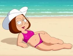 ai_generated beach brown_hair cowboy_hat family_guy glasses laying_on_side meg_griffin pink_bikini sand