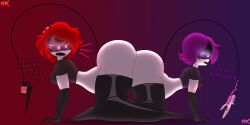 2d 2girls almost_naked angry_face ass ass_kiss big_ass big_butt blushing butt butt_kiss dialogue discussion evelyn_(captaindoge821) female female_focus female_only glitch_productions murder_drones neutral_expression nyrezu on_fours purple_eyes purple_hair red_eyes red_hair stockings tail thicc thicc_thighs thick_thighs uzi_(murder_drones)