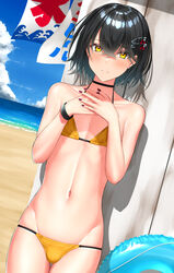 1boy beach bikini blush bulge clothed crossdressing femboy girly karasu_(jjwh2832) looking_at_viewer mashiro_(nijisanji) mashiro_meme navel nijisanji ocean solo standing swimsuit trap virtual_youtuber yellow_eyes