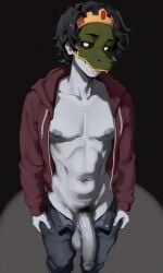 ai_generated alligator andrew_(fnaf) animal_mask bara cock crown curly_hair dick five_nights_at_freddy's ghost ghost_boy grey_skin only_male penis pixai white_pupils