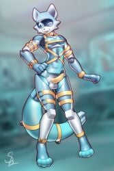 anthro balls belt belt_buckle buckle collar crossdressing crossdressing_(mtf) crossdressing_male femboy gay gay_anal genitals hi_res homosexual homosexual_male joints machine male male_focus male_only male_penetrated male_penetrating nariikhan penis robot robot_anthro robotic robotization solo translucent translucent_body translucent_tail