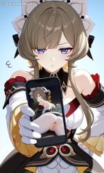 ai_generated artist_name ass_focus blue_eyes blush embarrassed explicit_pussy female genshin_impact gloves holding_smartphone light_brown_hair long_hair looking_at_viewer maid maid_headdress on_phone partially_clothed phone_screen sandrone_(genshin_impact) shineinsfw smartphone solo