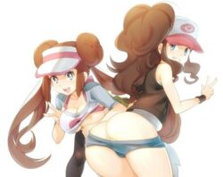 2girls artist_request ass blue_eyes breasts brown_hair cleavage clothed female female_only hilda_(pokemon) human human_only naso4 nintendo pokemon pokemon_bw pokemon_bw2 rosa_(pokemon) shirt shorts source_request thick_thighs v wide_hips