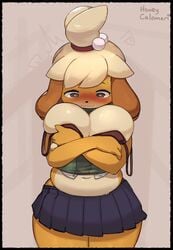 1girls animal_crossing anthro big_breasts blush breasts canid canine canis chubby clothing domestic_dog embarrassed female honeycalamari isabelle_(animal_crossing) mammal muffin_top nintendo plump presenting shih_tzu slightly_chubby toy_dog video_games voluptuous