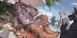 2025 2:1 abs alcohol anthro aquatic arm_tattoo asterozoan avian ball barazoku beach beach_towel beach_umbrella beverage biceps bird black_body black_fur black_sclera blonde_facial_hair blue_sky blush boombox canid canine chest_markings claws cocktail cocktail_glass container cup dragon drinking_glass echinoderm electronics erection eyewear facial_hair felid feral fur genitals glass glass_container glass_cup grey_body grey_scales grin group gull hair hi_res holding_eyewear holding_object holding_phone holding_sunglasses holding_volleyball horn lari larid male mammal markings muscular muscular_anthro muscular_male mythological_creature mythological_scalie mythology nipples nude open_mouth orange_body orange_eyes orange_fur orange_hair palm_tree pantherine parasol partially_submerged pawpads pecs penis phone plant plushie red_eyes sand scales scalie sea shoulder_tattoo sky smile standing_in_water starfish sun_(marking) sunglasses tail taiyang_(leoooliooon) tattoo teeth tian_qi_qing tiger toe_claws towel tree vein veiny_penis volleyball_(ball) water white_body white_fur white_hair yellow_body yellow_fur