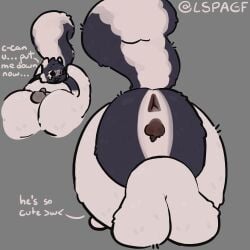 69_position absurd_res anthro anus balls big_fat_stinky_unwashed_sweaty_bunny_(lspagf) darkened_balls darkened_genitalia darkened_penis dialogue duo fluffy fluffy_tail genitals grey_background hi_res holding_another holding_butt holding_in_place lagomorph leporid lspagf lying male mammal mephitid multicolored_body on_front on_top_of_another on_top_of_belly oral penis rabbit sex simple_background skunk skunk_(lspagf) tail two_tone_body