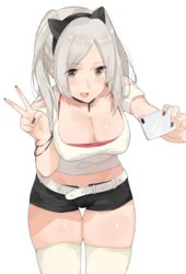 1girls belt black_nails breasts brown_eyes cleavage female fire_emblem fire_emblem_awakening j@ck nintendo nipples_visible_through_clothing phone red_bra robin_(fire_emblem) robin_(fire_emblem)_(female) short_shorts thick_thighs thighhighs thighs twintails white_hair white_shirt white_thighhighs