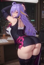 1girl ai_generated ass bare_shoulders breasts fadia_(neverness_to_everness) female female_only glasses gloves hi_res high_quality high_resolution large_breasts long_hair looking_at_viewer looking_back monitor neverness_to_everness patreon purple_hair seductive sexy skirt smile thick_thighs thigh_boots thighhighs uncensored watermark