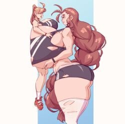 2girls amazon between_breasts blush boob_press braid brother_complex brown_hair duo female female_only femdom femsub giantess glasses huge_ass huge_breasts hyper hyper_breasts kabedon long_hair medium_support_(meme) megan_james_(n647) meme n647 orange_hair rose_drake_(n647) size_difference smile sports_bra thick_thighs torn_clothes wide_hips yuri
