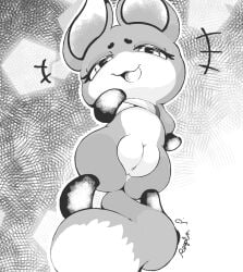 anthro bottomless canid canine clothed clothing countershading female floating fox genitals greyscale hi_res kwami looking_at_viewer low-angle_view mammal manga_style miraculous_ladybug monochrome plump_labia regal_phantom smug_expression solo topwear topwear_only trixx_(miraculous_ladybug) true_fox vulva