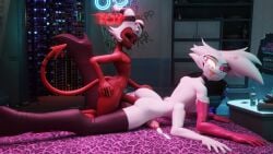3d 4_arms anal anal_sex angel_dust_(hazbin_hotel) armwear background black_choker black_eyelids black_eyes blender completely_nude cum demon demon_boy dick doggy_style femboy femboy_on_femboy frustrated gay gay_sex hazbin_hotel helluva_boss horns imp legwear lighting mirkchill moxxie_(helluva_boss) naked neon pink_armwear pink_fur purple_legwear red_body red_dick size_difference small_top_big_bottom smile smiling_at_partner spider tail thick_ass thick_thighs white_armwear white_fur white_hair