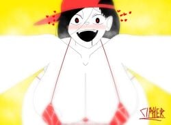 1girls areola_slip areolae backwards_baseball_cap baseball_cap bikini black_eyes black_hair blush butcher_vanity_(synthesizer_v) cipherpablo cleavage collarbone colored_skin drool drooling hair_between_eyes heart huge_breasts looking_at_viewer mouth_drool open_mouth pov red_bikini red_hat simple_background solo steam straight-on synthesizer_v thick_thighs thighs vimalion_pro white_skin wide-eyed yellow_background yi_xi_(synthesizer_v)