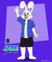 1male 2022 black_eyes black_shorts blue_shirt feet friendly hi_res jade_rabbit_(rarehare) male male_only rabbit_boy rabbit_ears rarehare solo waving_at_viewer white_body white_fur white_shirt