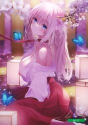 1girl absurdres blue_butterfly blue_eyes blurry blurry_background breasts bug butterfly cherry_blossoms collar depth_of_field flower from_side glowing_butterfly hair_flower hair_ornament hakama hakama_skirt head_tilt highres japanese_clothes lantern large_breasts leash long_hair melonbooks miko navy_(navy.blue) nipples off_shoulder paper_lantern partially_submerged sideboob sidelocks sitting skirt solo viewer_holding_leash wariza water white_flower white_hair
