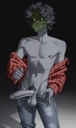 ai_generated alligator andrew_(fnaf) animal_mask bara cock curly_hair dick five_nights_at_freddy's flat_stomach ghost ghost_boy grey_skin only_male penis pixai white_pupils