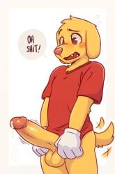 1boy animal_ears blush dog_boy dog_ears dog_tail english_commentary english_text erection fangs floppy_ears flying_sweatdrops furry furry_male gloves highres looking_at_penis looking_down male_focus mytigertail no_pants open_mouth penis precum red_shirt scratch_(tadc) scratch_(the_amazing_digital_circus) shirt speech_bubble tail tail_wagging testicles the_amazing_digital_circus white_gloves yellow_fur