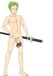 1boy bara bara_tiddies bara_tits barazoku big_dick_energy big_penis big_penis_small_balls boy censor_bar cute cute_face cute_male earrings flaccid flaccid_bigger frowning gay girthy_penis green_hair hairless hanging_penis huge_cock japanese_male male male_focus male_only manly masculine_male muscles muscular muscular_male one_eye_closed penis penis_down pirate reito_raichi roronoa_zoro scar scar_across_eye scar_on_face smaller_male solo solo_focus solo_male sword swordsman tough_guy trapezius yaoi young younger_male