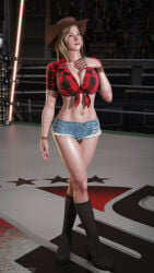 3d athletic athletic_female big_breasts blonde_hair blue_eyes breasts busty cow_girl darts77 dead_or_alive female female_focus female_only hourglass_figure large_breasts long_hair pinup pinup_pose tagme tina_armstrong wide_hips