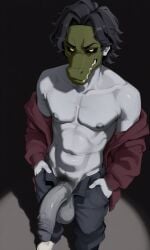 ai_generated alligator andrew_(fnaf) animal_mask bara cock curly_hair dick five_nights_at_freddy's ghost ghost_boy grey_skin only_male penis pixai white_pupils