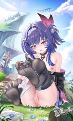 1girl absurdres asymmetrical_legwear bare_shoulders black_socks black_thighhighs blue_hair blush collarbone commentary_request eyelashes female female_only full_body genshin_impact grass highres jndfh outdoors panties panty_pull prune_(genshin_impact) purple_eyes pussy_juice pussy_juice_trail single_sock single_thighhigh sitting socks soles solo thighhighs thighs underwear white_panties