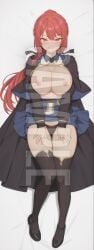 1girls ai_generated blush breasts clothed clothing dakimakura female full_body hi_res high_resolution highres jack_of_all_trades_party_of_none lying lying_on_back naughty_face nipples panties patreon red_eyes red_hair selma_claudel sleeplessnighty solo solo_focus tagme watermark yuusha_party_wo_oidasareta_kiyoubinbou