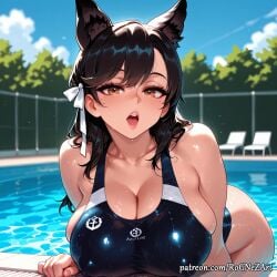 1girl 2026 ai_generated animal_ears anime atago_(azur_lane) azur_lane bangs bare_shoulders black_hair black_one-piece_swimsuit blue_sky blurry blurry_background blush boobs breasts brown_eyes cat_ears cleavage cloud collarbone competition_swimsuit covered_nipples crossover day extra_ears eye_contact female female_focus flushed hair_ribbon highres huge_breasts large_breasts lips long_hair looking_at_viewer moaning mole mole_under_eye nsfw one-piece_swimsuit open_mouth outdoors patreon pool poolside ribbon rognezart shiny skindentation sky solo swept_bangs swimsuit teeth tree very_long_hair water wet white_ribbon