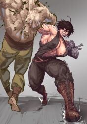 1boy 1girl 2023 2d_(artwork) abs armpit bandaged_arm boots breasts brown-haired_female clavicle cleavage commission_art fighting midriff miriam_grimm_(flakowl) original_character punch ryona scars short-haired_female sideboob smiling topless_male virgoart1509