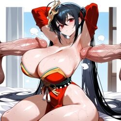 1girl 2boys ahoge ai_generated armpit_sex armpits arms_behind_head arms_up azur_lane bangs bare_shoulders bird_mask black_hair blush breasts cleavage closed_mouth clothing crossed_bangs detached_sleeves disembodied_penis erection female group_sex hair_between_eyes hetero huge_breasts huge_penis japanese_clothes kimono large_breasts large_penis long_hair looking_at_viewer lunaart male mask mask_on_head mmf_threesome multiple_boys obi penis red_eyes red_kimono ribbon sash sitting solo_focus sweat taihou_(azur_lane) testicles thick_thighs thighs threesome twintails veins veiny_penis very_long_hair