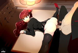 1boy 1girls ass atlus bottomless clothing duo exposed_ass faceless_male female flexible hair human kasumi_yoshizawa long_hair male megami_tensei mostly_clothed on_table open_clothes pale_skin penetration penis persona persona_5 persona_5_royal public red_eyes red_hair school_uniform sex shin_megami_tensei skirt skirt_up smile splits spookiarts spread_legs spreading straight stretching student sumire_yoshizawa testicles vaginal_penetration video_games