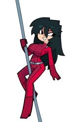 1girls bdrilo_k black_hair bodysuit clover_(totally_spies)_(cosplay) female female_only juna_guerrero marathon_(copyright) pole_between_legs pole_dance poledancing solo source_request totally_spies white_background
