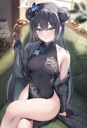 1girl bare_shoulders black_dress black_gloves black_hair blue_archive blue_eyes blush braid braided_bun breasts butterfly_hair_ornament china_dress chinese_clothes coat covered_navel double_bun dragon_print dress gloves grey_coat grey_eyes hair_bun hair_ornament half_gloves halo highres kisaki_(blue_archive) long_hair long_sleeves looking_at_viewer no_panties off_shoulder pelvic_curtain pinstripe_pattern short_dress side_slit sitting sleeveless sleeveless_dress small_breasts solo striped striped_coat thighs tomoo_(tomo) twintails vertical-striped_coat