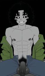 aged_up ai_generated andrew_(fnaf) bara cock curly_hair dick five_nights_at_freddy's functionally_nude ghost ghost_boy grey_skin only_male partially_nude penis pixai white_pupils